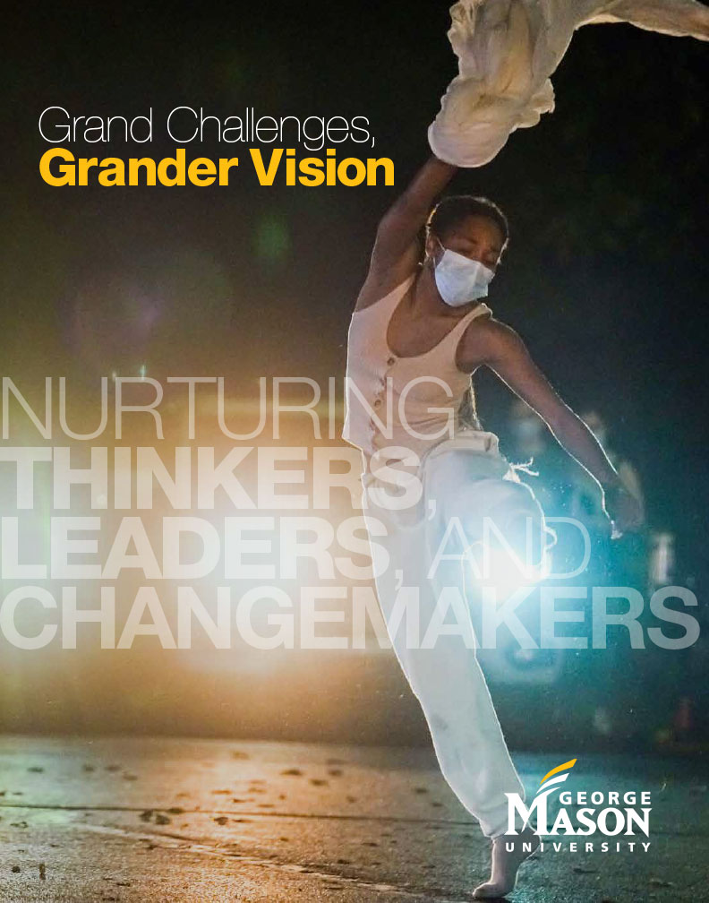 Cover of the 2020 annual report. Depicts a modern dancer, performing outdoors at night, lit by car headlights. Photographed during the pandemic shutdown. Title reads, 'Grand Challenges, Grander Vision: Nurturing Thinkers Leaders Changemakers.