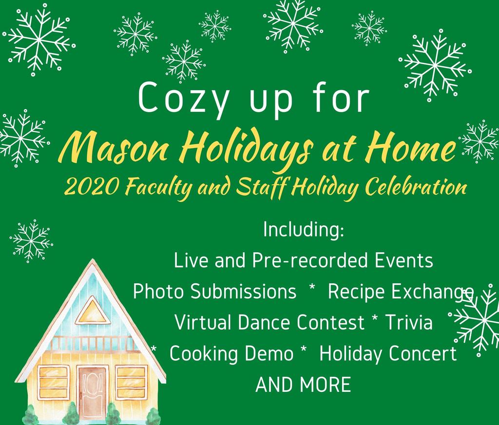 Mason Holidays at Home invitation, showing snowflakes and a cabin